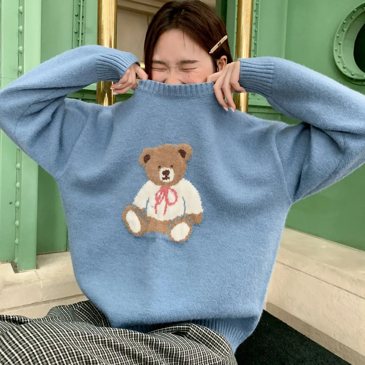 Harajuku Bogen Knoten Bär Nette Cartoon Stickerei Pullover Süße Lolita Mädchen Winter Gestrickte Jumper Y2K Tops Koreanische Pullover Lose