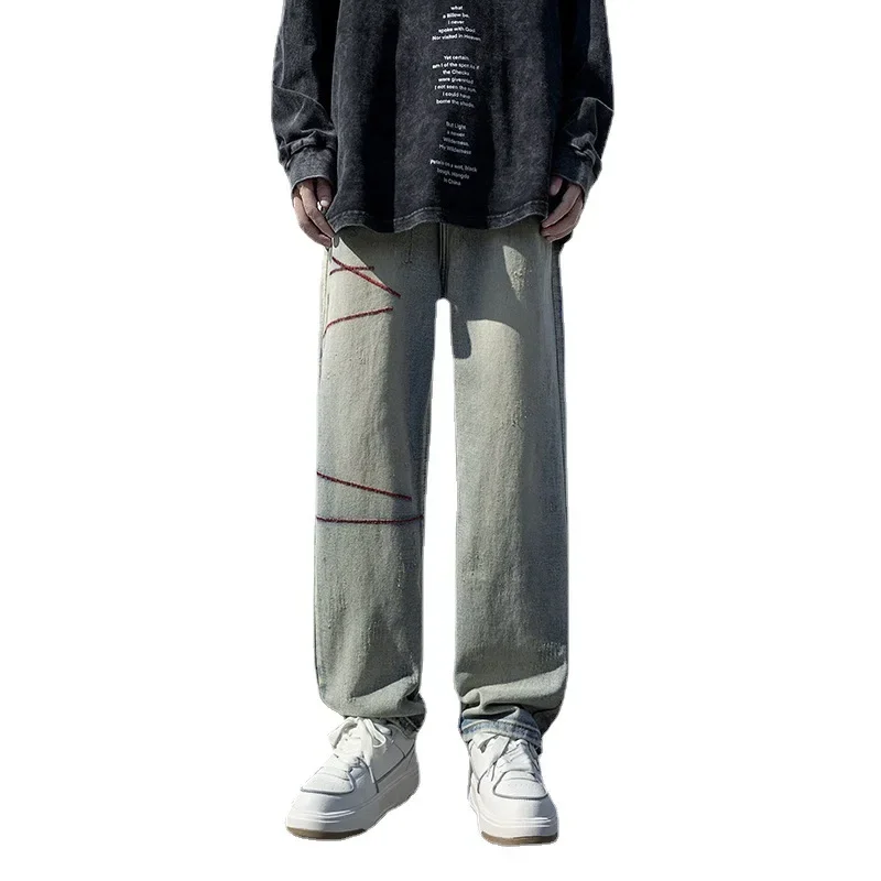 

New 2025 Men Wide Leg Pants High Waist Jean Washed Jeans Full Length Trousers Vintage Loose Fit Distressed Pockets Zipper Fly