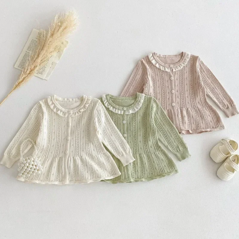 

Baby Girls Spring Knitted Cardigan Toddler Long Sleeve Lace Sweater Kids Autumn Hollow Cotton Top Clothing Children Ruffles Coat