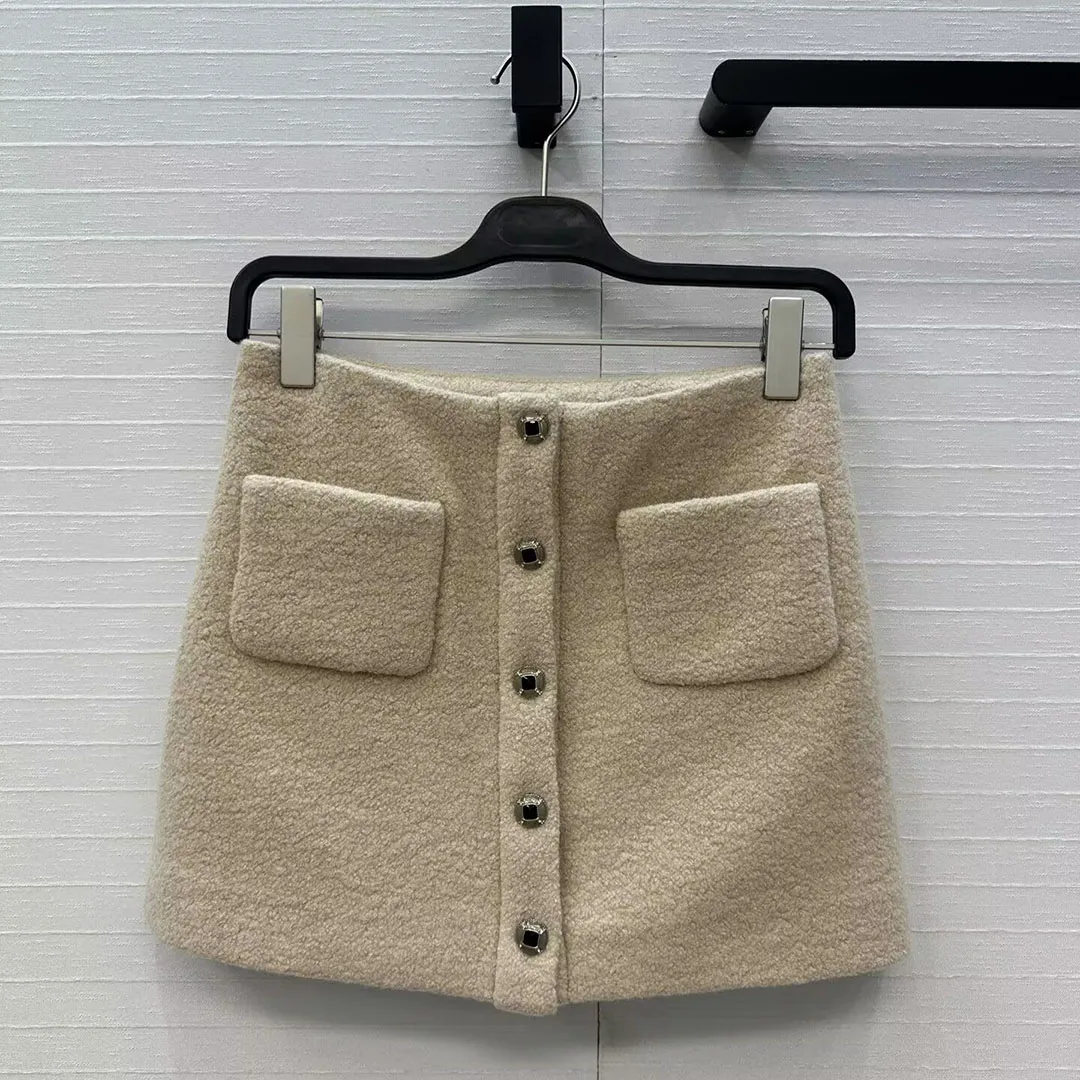 

New Fashion Preppy Style Cute Mini Woolen Skirts Womens Low Waist Single Breasted Double Pockets Sweet Vintage Skirt