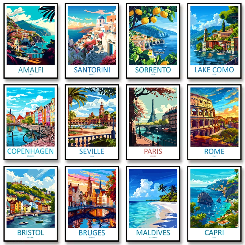 Retro European Travel Cities Paris Italy Maldives Coastal Landscape Nordic Poster Canvas Painting Wall Art Pictures Home Decor