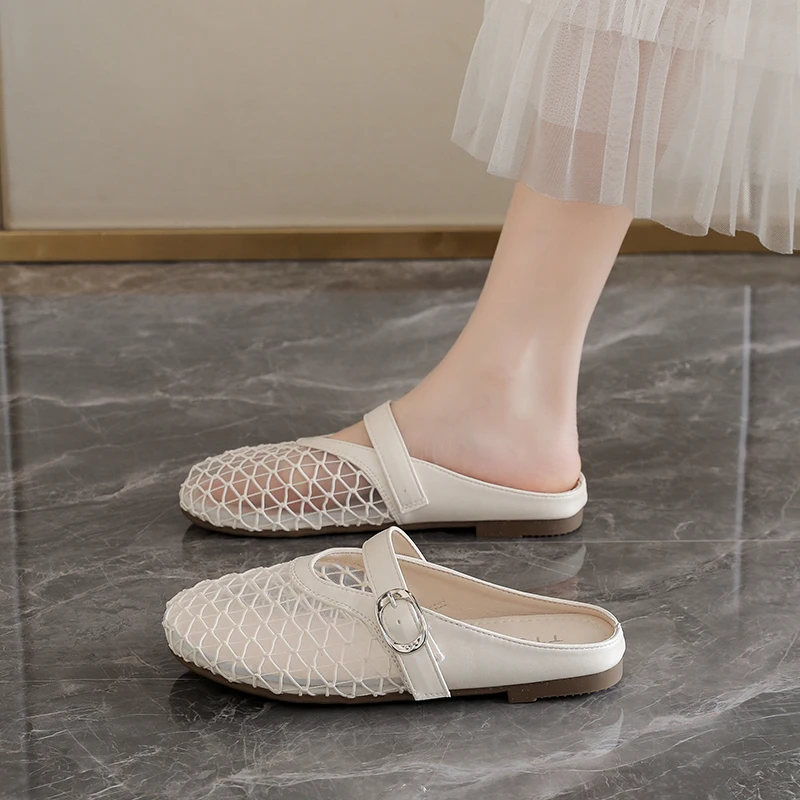 Breathable Woven Hollow Closed Toe Mules, Summer All-match Casual Sandals With Soft Sole For Leisure Street Daily Wearing
