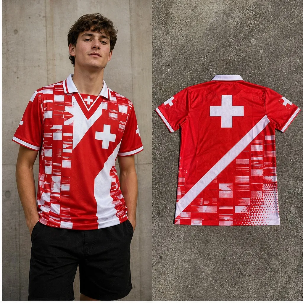 Mens Switzerland Abstract Cross Stripe Graphic Semi Polo V Neck T Shirt Short Sleeve Casual Modern Alpine Jersey Top Travel Wear