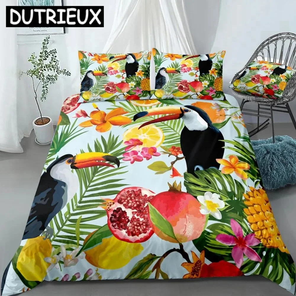 

Tropical Fruits And Toucan Duvet Cover Set Pomegranate Lemon Orange Flowers Leaves Bedding Botanical Quilt Cover King Dropship