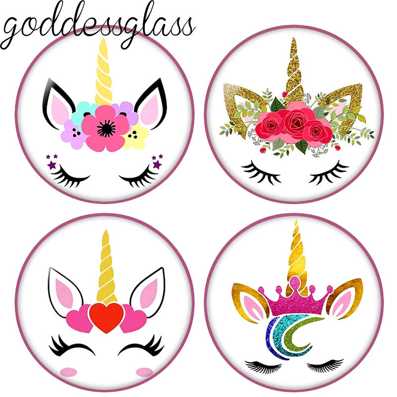 Cartoon Unicorn Face horn Cute Flowers Wink 12mm/18mm/20mm/25mm Round photo demo glass cabochon flat back Making fittings