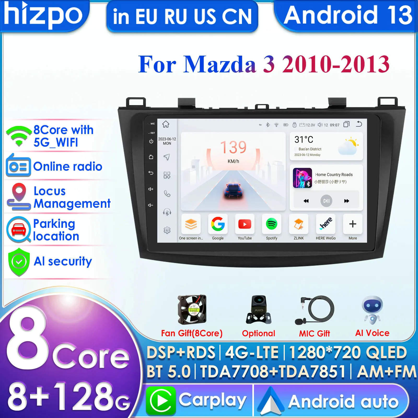 Hizpo 4G 9'' 10.33'' AI Intelligent Systems CarPlay Android Auto Radio for Mazda 3 2010 -2013 Car Multimedia GPS 2din Autoradio