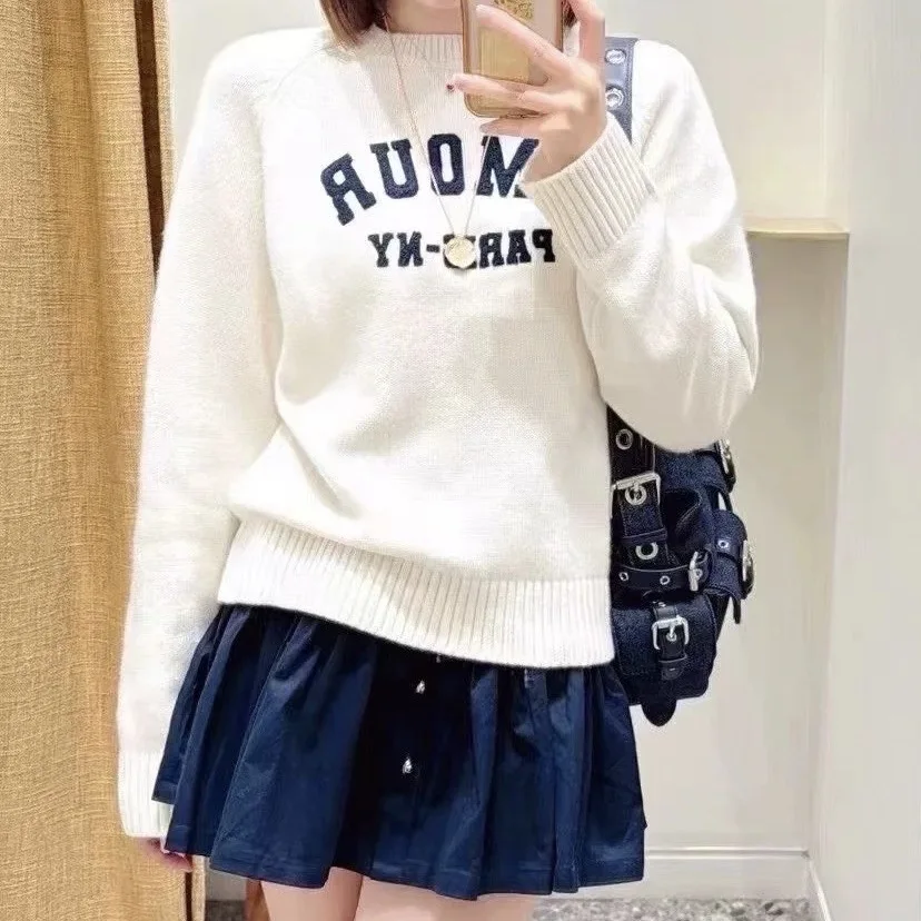 

Женский вязаный пуловер с круглым вырезом и вышивкой, повседневный свободный удобный зимний теплый топ с длинными рукавами