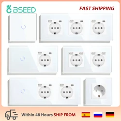 BSEED EU Standard USB Single Socket Touch Switch 1Gang 1Way White Crystal Sensor Wall Light Switch Power Double Sockets Outlets