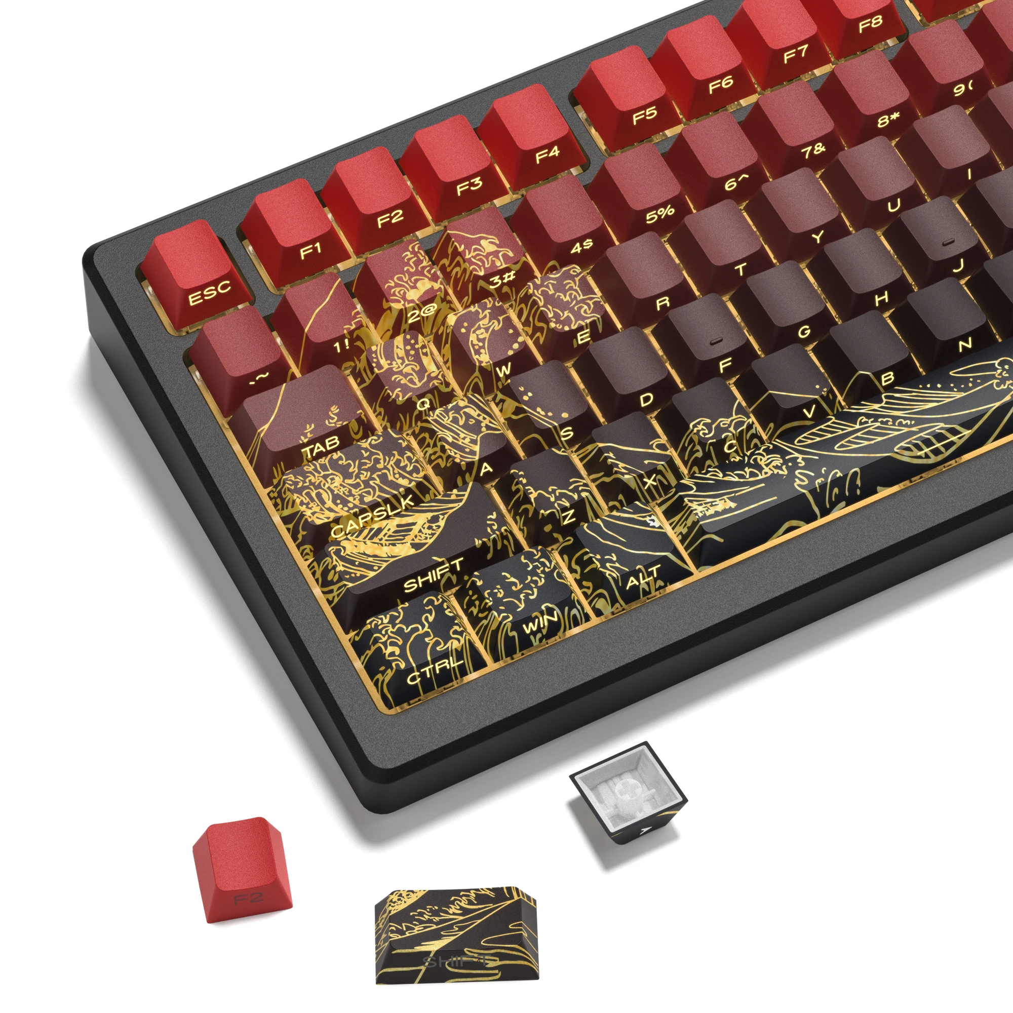

Black Red Kanagawa Side Printed Shine Through Keycaps Dye Sub Keycaps 130 Keys Cherry Profile for MX Switches Gaming Keyboard