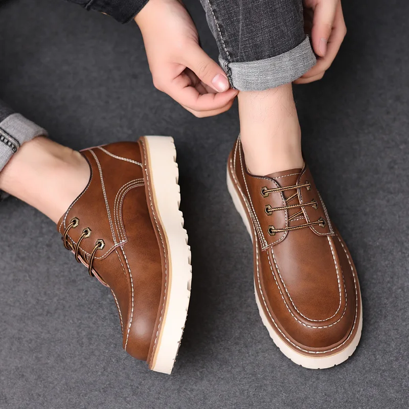 Men\'s British Retro Casual Shoes Men Thick Sole Heightened Fashion Work Shoes Mens Lace-up Comfortable Outdoor Flats Oxfords