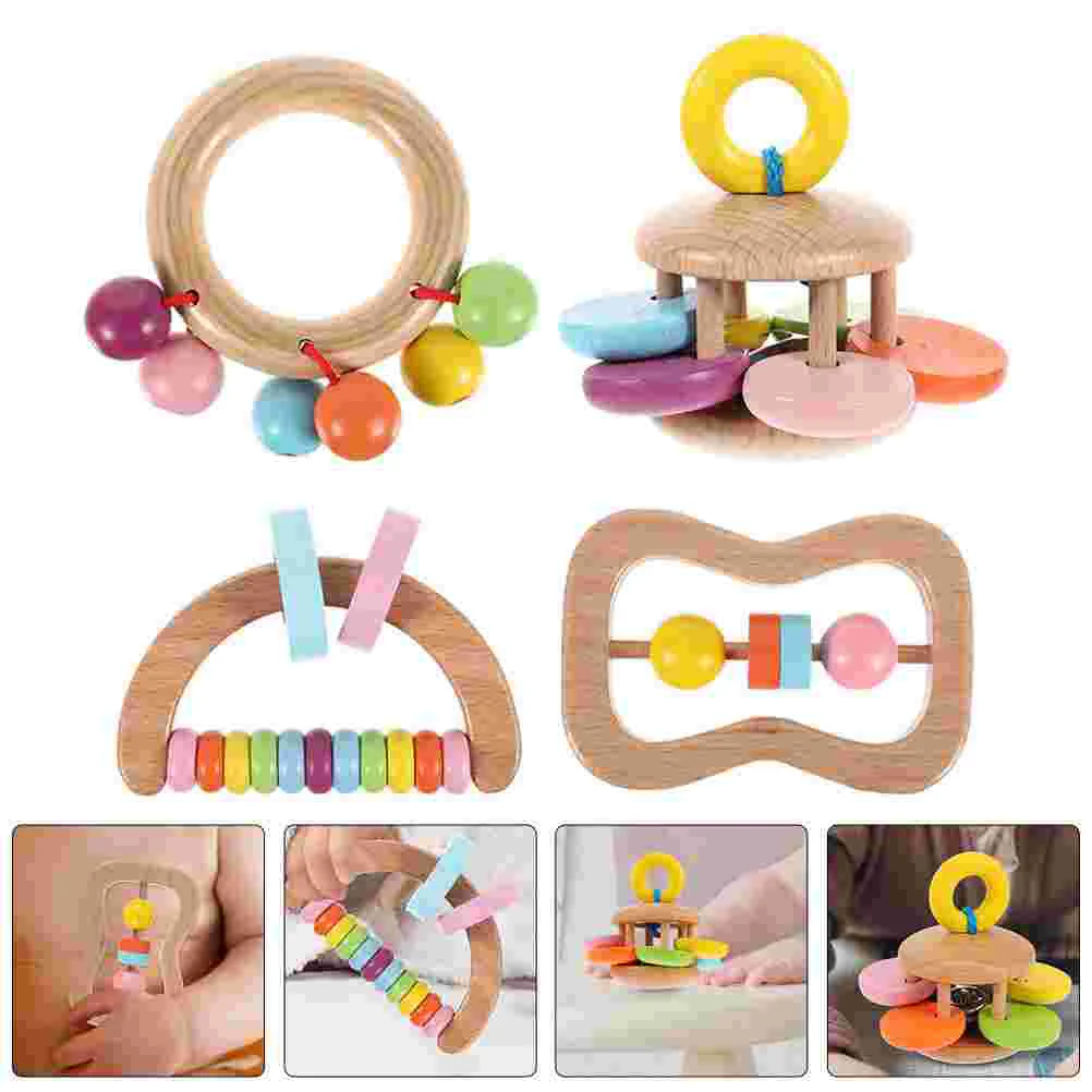 

4 PCS Rattle The Bell Visual Training Toys Baby Early Education Hand Gift Shake Grasp Lovely Wooden Shower Portable