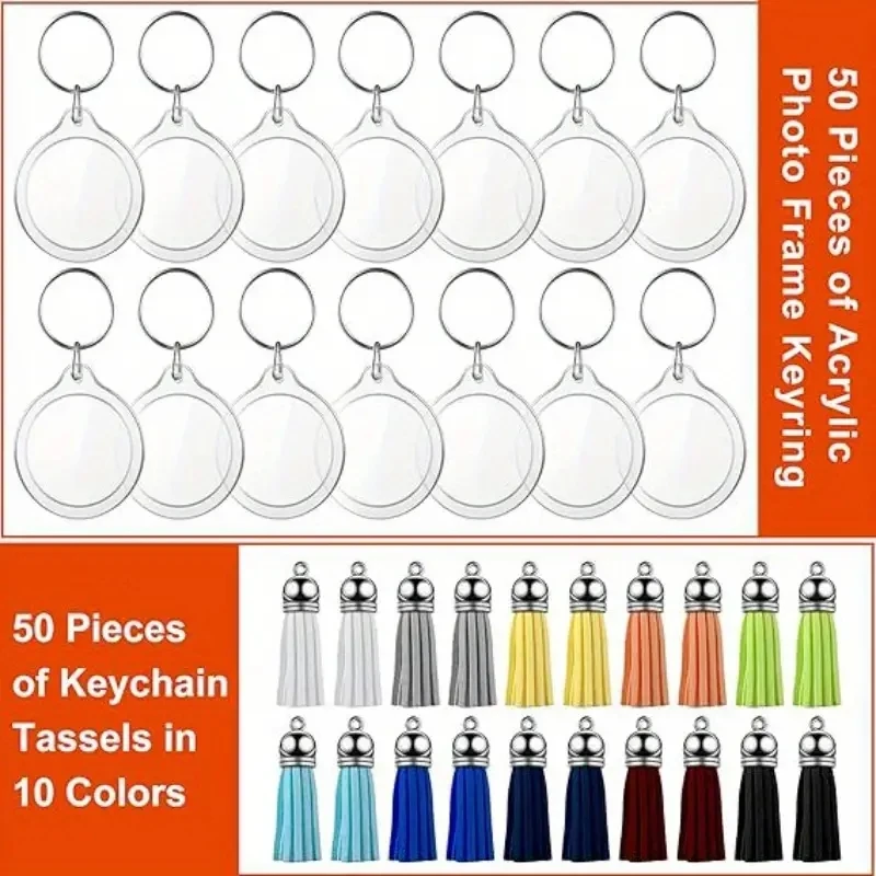 100Pcs Round Blank Acrylic DIY Photo Frame Pendant Keychain Photo Blank Round Photo Frame Colorful Tassel Insert Photo Keychain