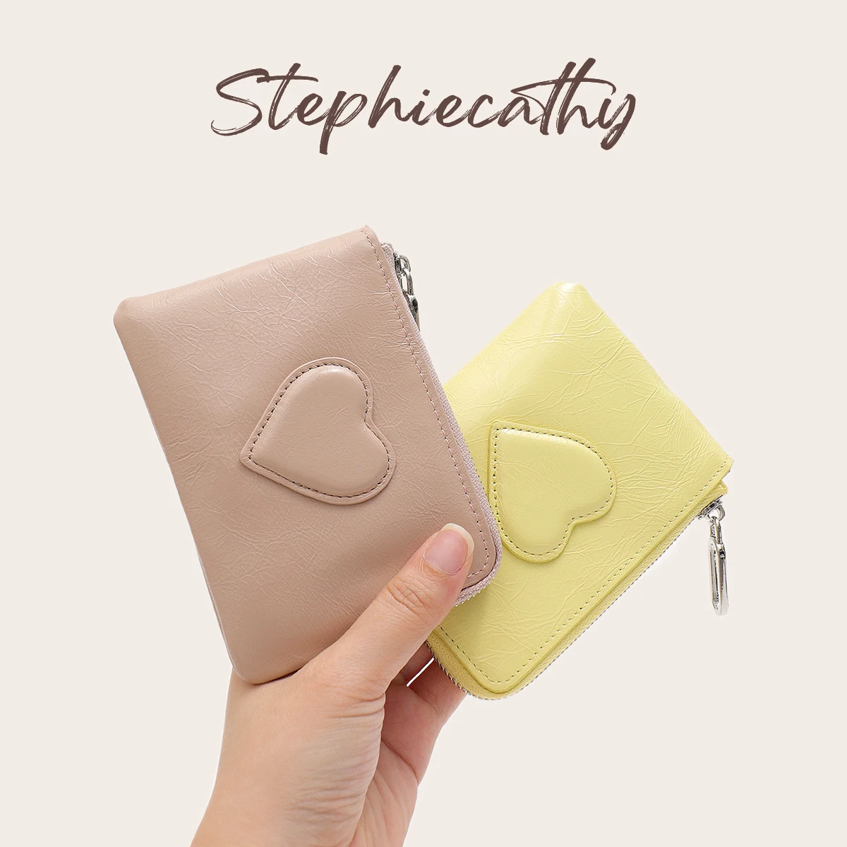 SC Women Textured Oil Wax Leather Short Wallet Heart Decoration Zipper Purse Multi Card Slots Coin Pocket With Keychain Portable