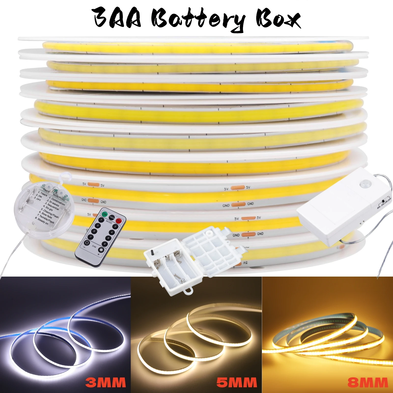 5V COB LED Strip Light with 3AA Battery Box 3MM 5MM 8MM High Density Flexible FOB 320LEDs/M RA90 Linear Rope Tape Diode Lamp