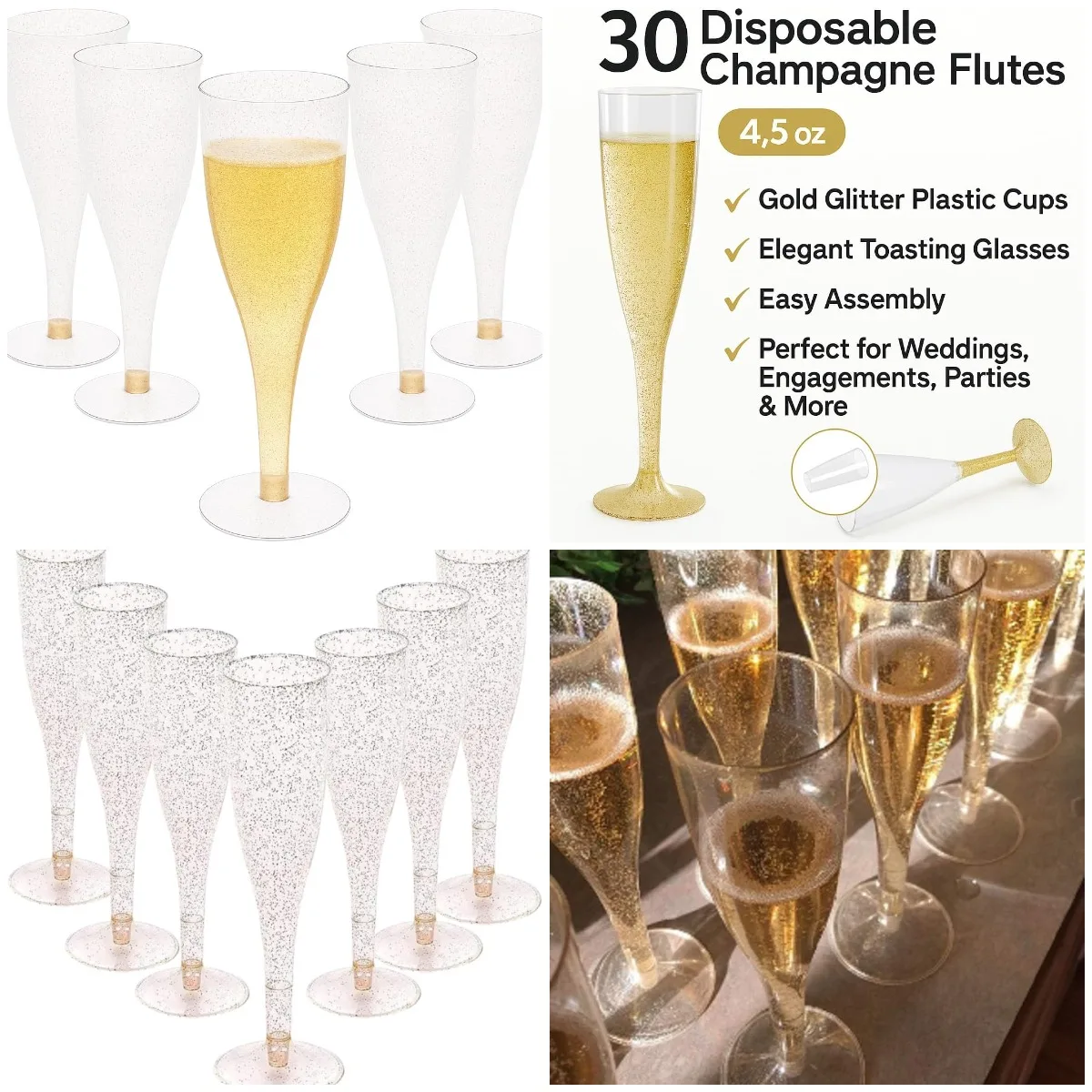 

30 одноразовых флейт для шампанского с золотым блеском — пластиковые стаканчики 4,5 унции для свадеб, вечеринок, праздников