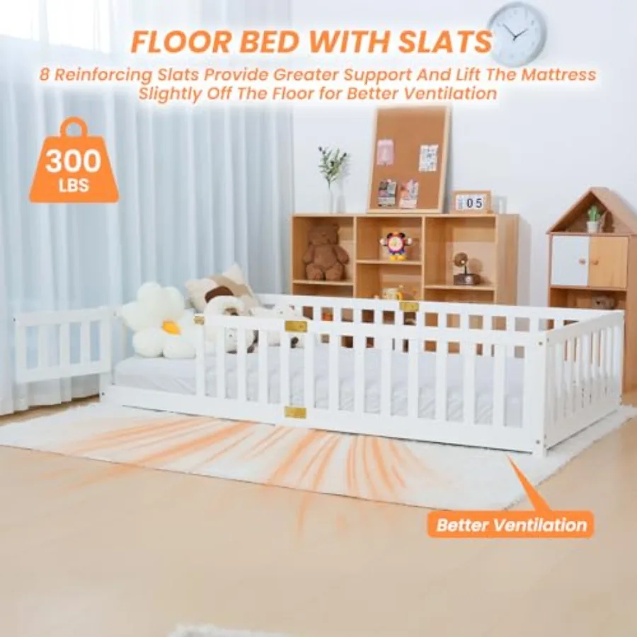 Twin Floor Bed for with Montessori Design Featuring Wooden Slats Integrated Door Storage and Sturdy Wood Frame Ideal for Toddle