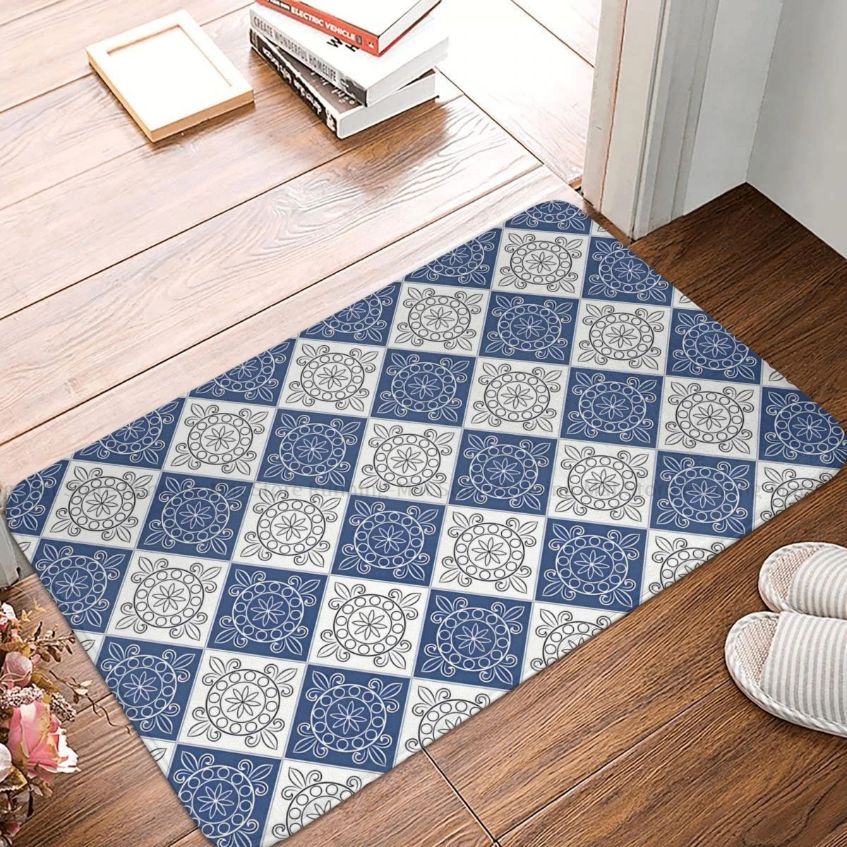 MORROCAN ART Non-slip Doormat Kitchen Mat Tile Geometric Checkered Blue And White Hallway Carpet Entrance Door Rug Home Decor