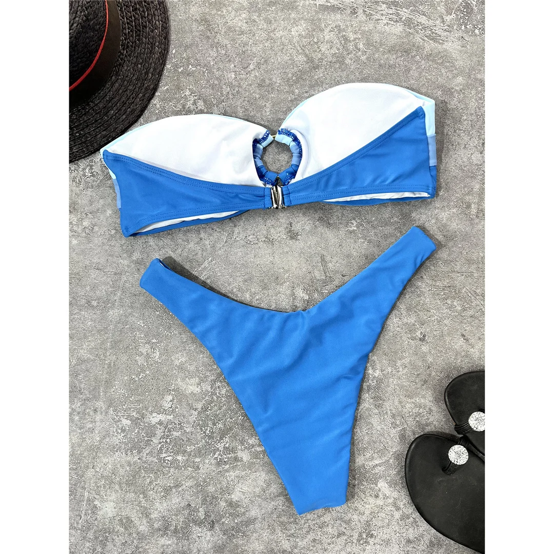 Sexy Splicing Bandeau Bikini mit mittlerer Taille, Damen-Badebekleidung, zweiteiliger Bikini-Set, Badeanzug, Badebekleidung, Damen-Bikini V3769 – Detail 11