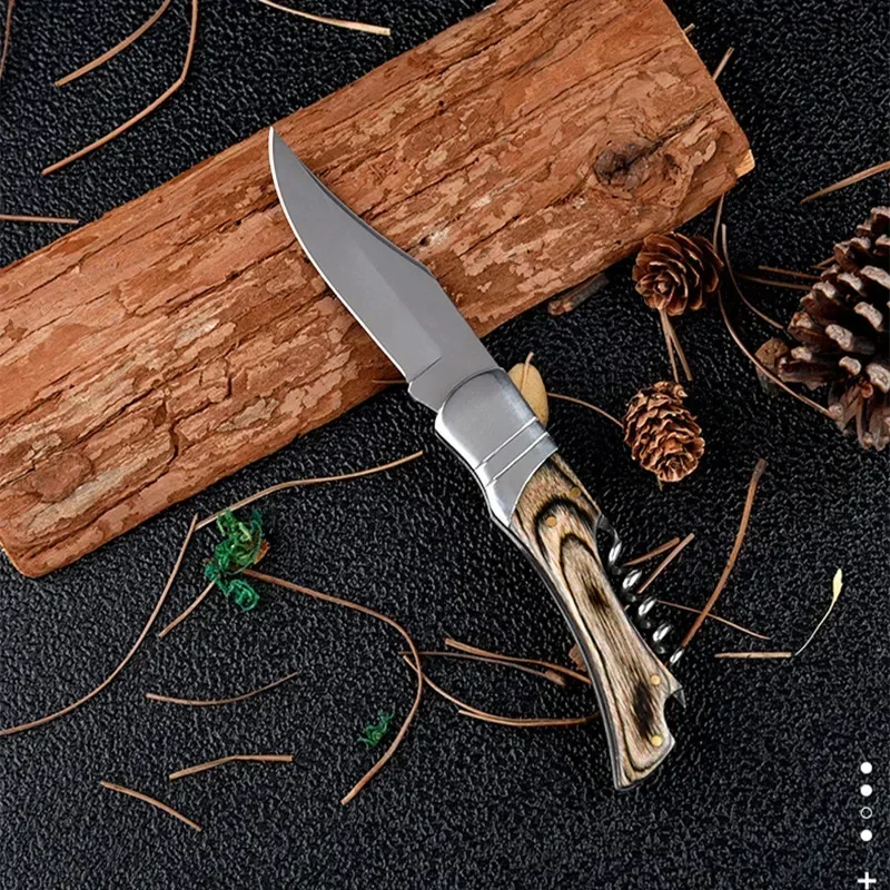 Cuchillo plegable de madera, hoja de acero para acampar al aire libre, caza, supervivencia, cocina, Navajas de bolsillo para frutas, herramientas EDC, abridor de vino plegable, 1 ud.