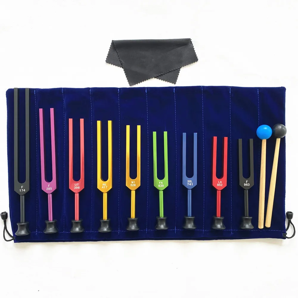 9pcs Colorful Chakra Tuning Forks Aluminum Alloy Yoga Diapason Music Therapy Professional Tuning Fork Set Percussion Instruments