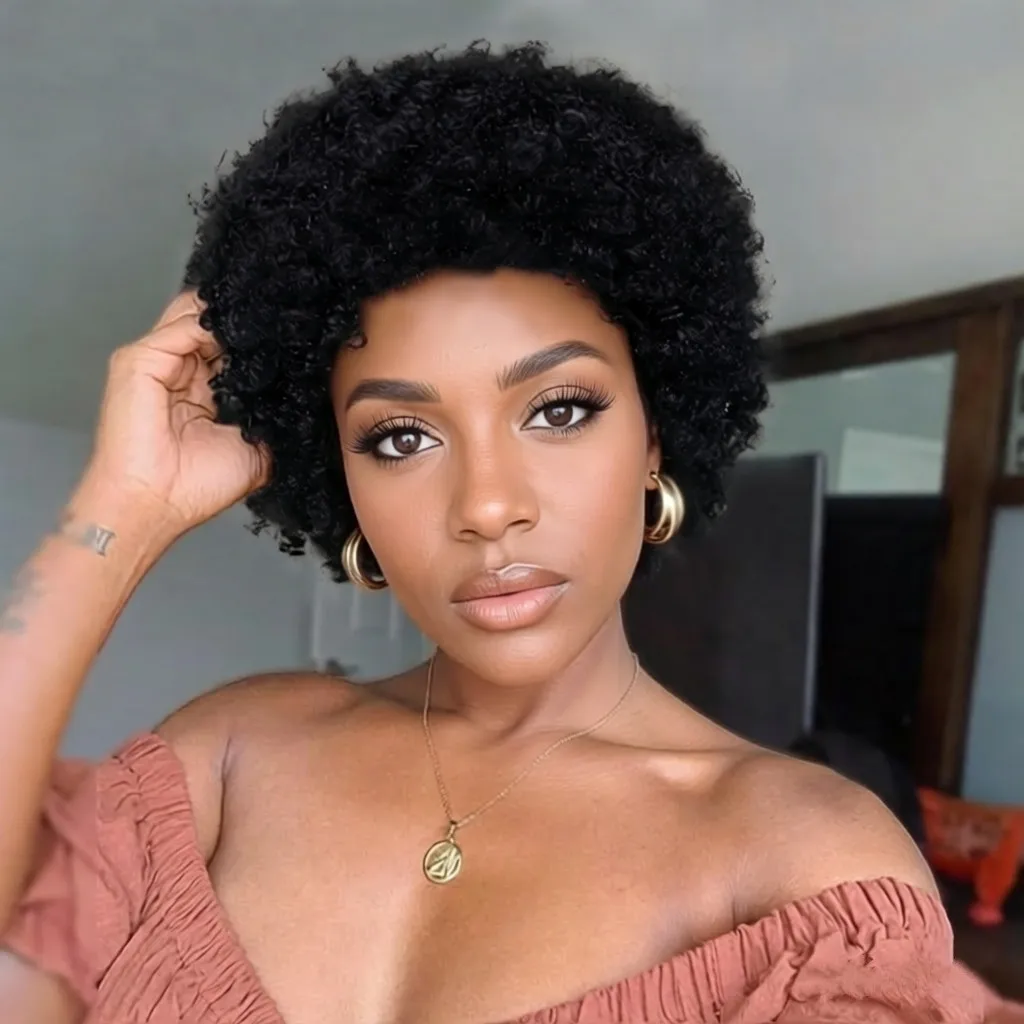 

Афро-парик с кудрявыми волосами, натуральный черный цвет, для женщин, для повседневного использования и вечеринок, короткий парик из натуральных волос, парик с стрижкой пикси, машинной работы.