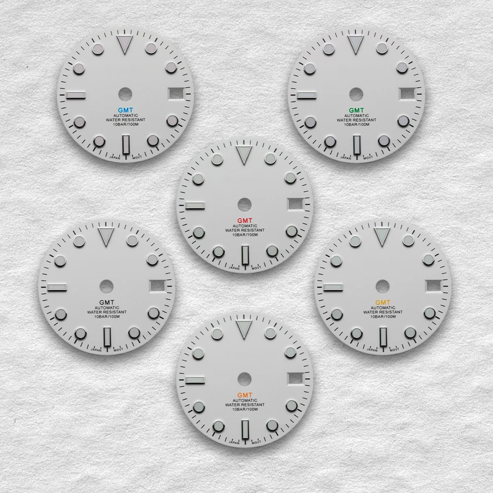 

28.5mm S Logo High-Quality White Gmt Dial Fit Nh34 Movement C3 Green Luminous Dial Watch Modification Accessories