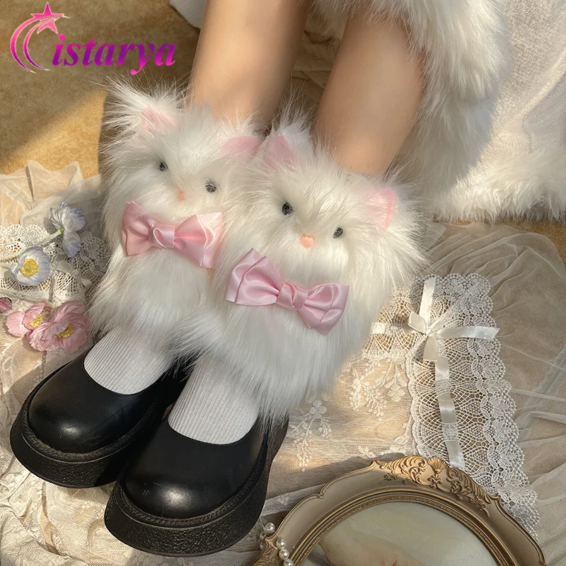 Japanese Kawaii Lolita Cute Cat Faux Fur Leg Warmers Harajuku Y2K Girls Bowknot Winter Warm Fluffy Plush Streetwear Boot Cover