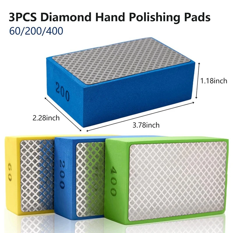 แผ่นขัดมือเพชร,3PCS Diamond Sanding Pads 60/200/400 Grit Sanding Blockโฟมสําหรับกระเบื้องแก้วหิน