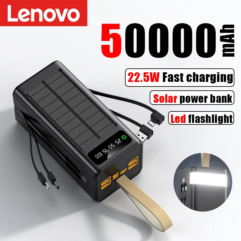 Lenovo 50000mAh Thicken Solar Power Bank High-capacity Built-in Cables External Battery LED Light Power Bank for  iPhone Xiaomi