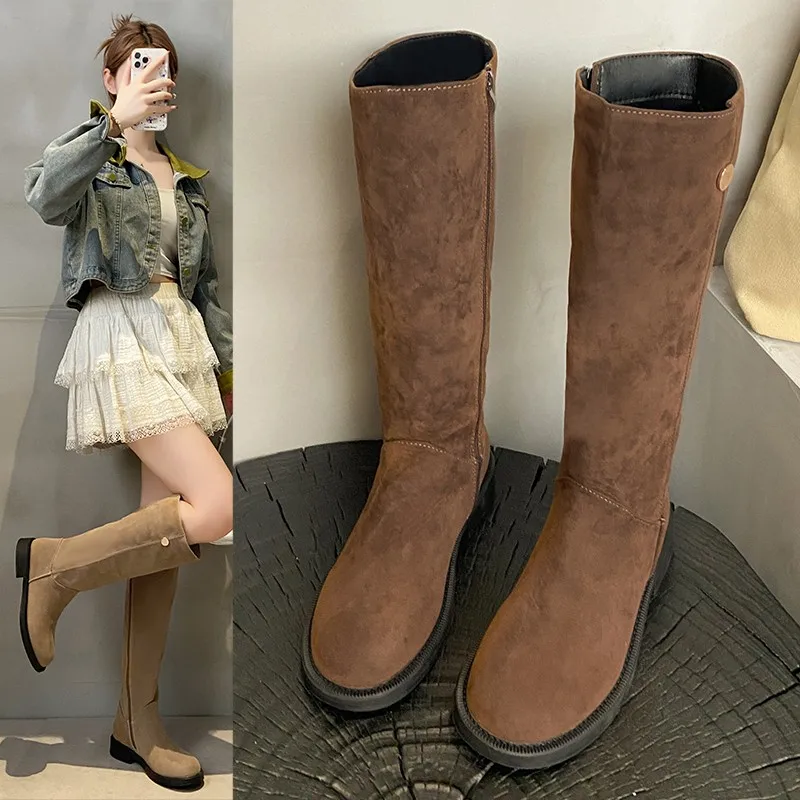 

Женские высокие сапоги на плоской подошве, зимняя замшевая модная обувь, модельные женские сапоги до колена, новинка 2025 года, повседневный дизайнерский челси Botas De Mujer