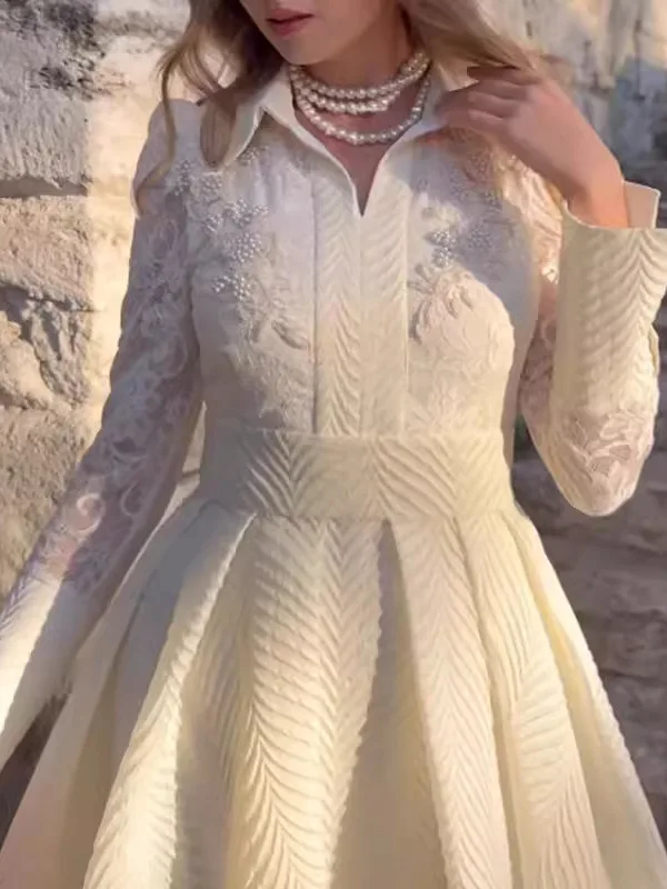

Женское винтажное платье с длинным рукавом, кружевом, вышивкой жемчужными цветами на груди, белое, средней длины, в стиле принцесса, для трансграничной торговли