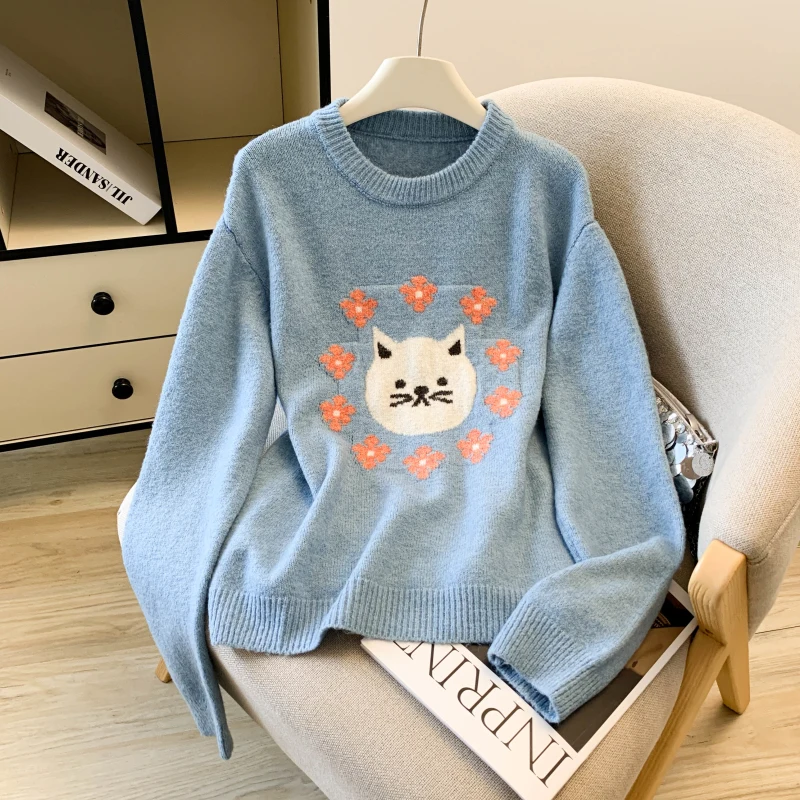 

Женский вязаный свитер в стиле ретро с мультяшным принтом кота, свободный пуловер с круглым вырезом, осень-зима, новинка