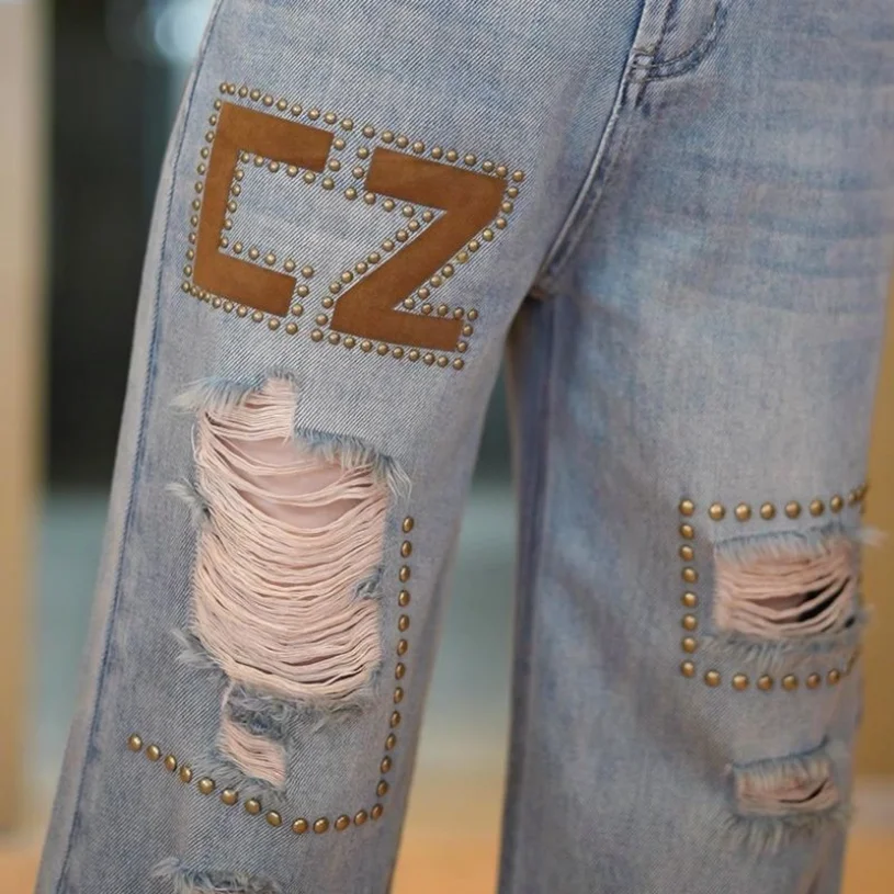 Fashionable Straight Leg Jeans for Women's Summer Wear 2023 New High Waisted Loose Fitting Vintage Torn Wide Leg Pants for Women