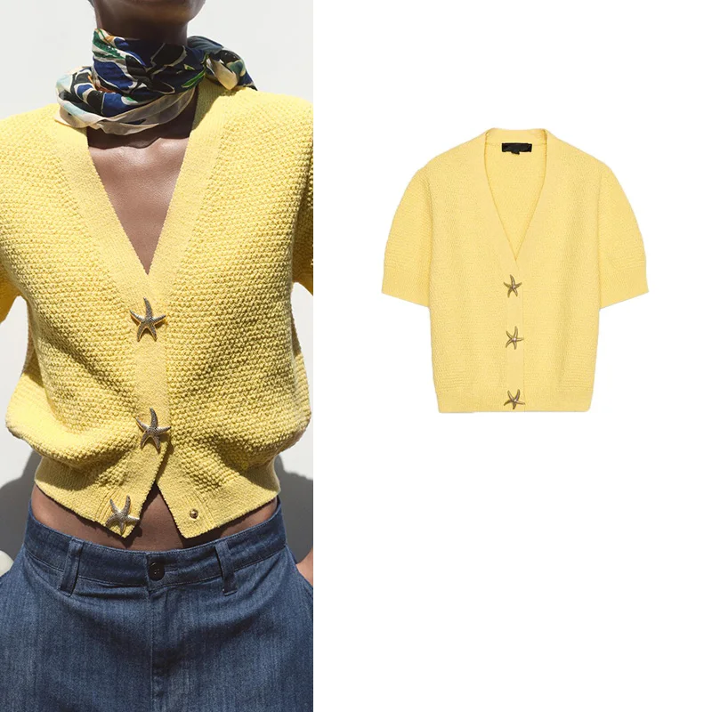 Summer New Women's Knitted Jaet ort Sve V-Ne Button Decorated Star Design Slim Fit Polyester Fiber Open Cardigan