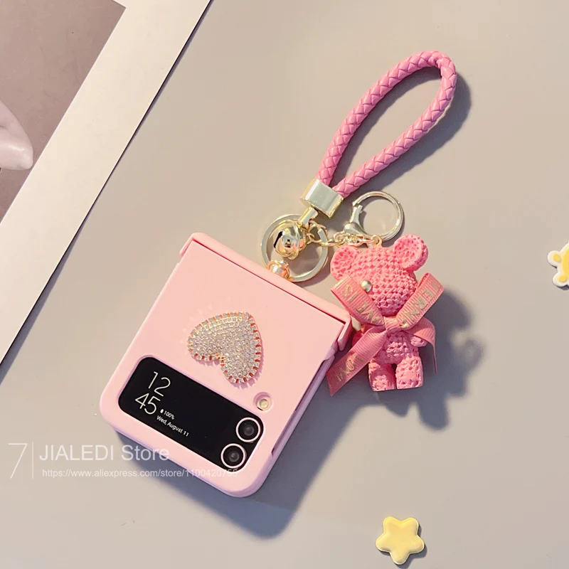 Rhinestone Love Pendant Strap Hinger Phone case For Samsung Galaxy Z Flip 3 4 5 flip4 zflip5 Cover