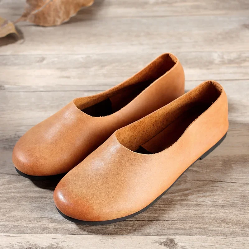 Women Natural Genuine Leather Ballet Flats Sneakers Women Oxford Shoes Slip on Round Toe Soft Retro Comfortable Women Shoes 2024