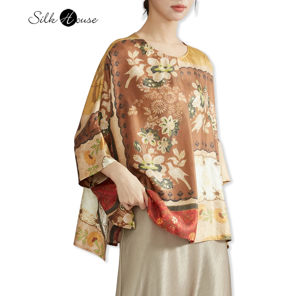 Premium 100% Natural Mulberry Silk Twill Silk Positioning Printing Holiday Style Round Neck three-quarter Batwing Sleeve T-shirt