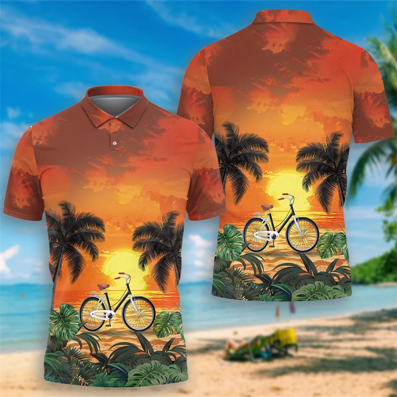 Sunset Vehicles Beach Polo Shirts For Men Clothes Hawaiian Truck Short Sleeve Hippie Bus Tropical POLO Shirt Vacation Car Tops image 2