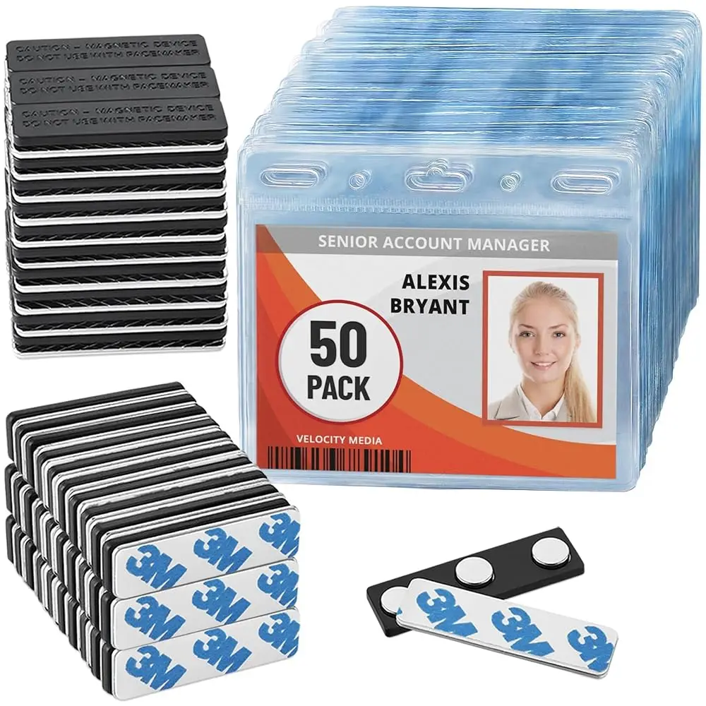 

Magnetic Name Badge Holders - 50 Pack - 3x4 inches Zipperless Horizontal ID Badge Sleeves + Strong Magnet Plates for Name Tag