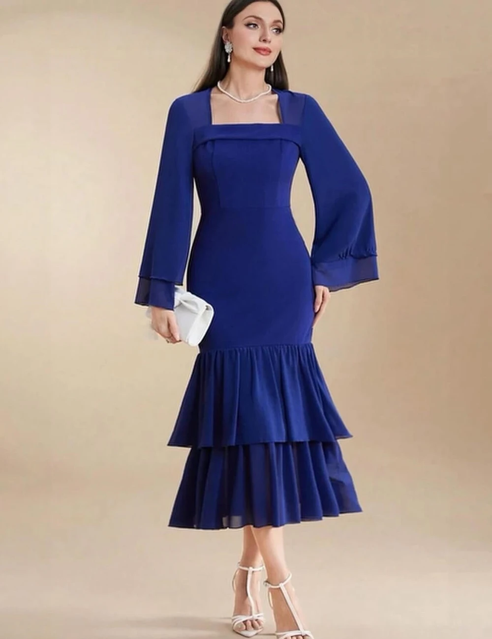 

Fashion Jersey Pleat Ruched Trumpet Square Neck Midi Dresses Cocktail Dresses Matching Chinese Style Exquisite Classic