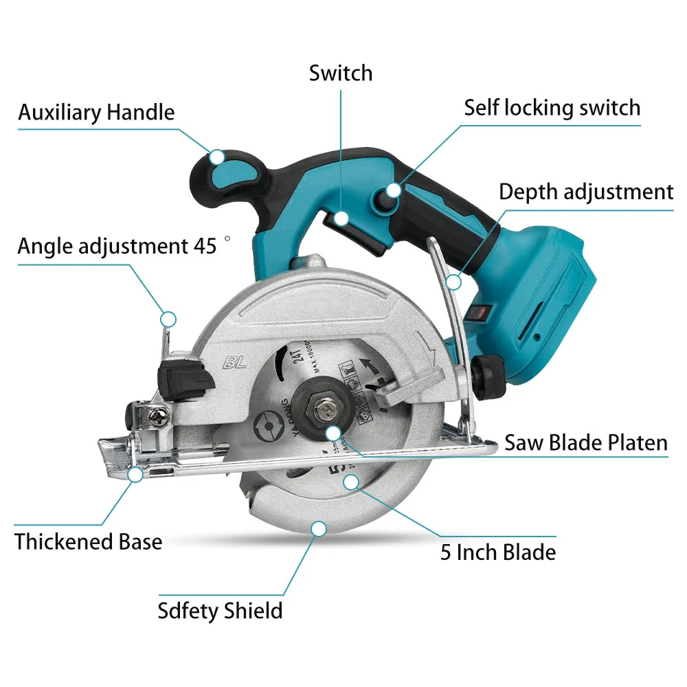 5-inch Brushless Electric Circular Saw 125mm Adjustable Cordless Chainsaw Woodworking Cuttiing Tool for 18V Makita Batteries