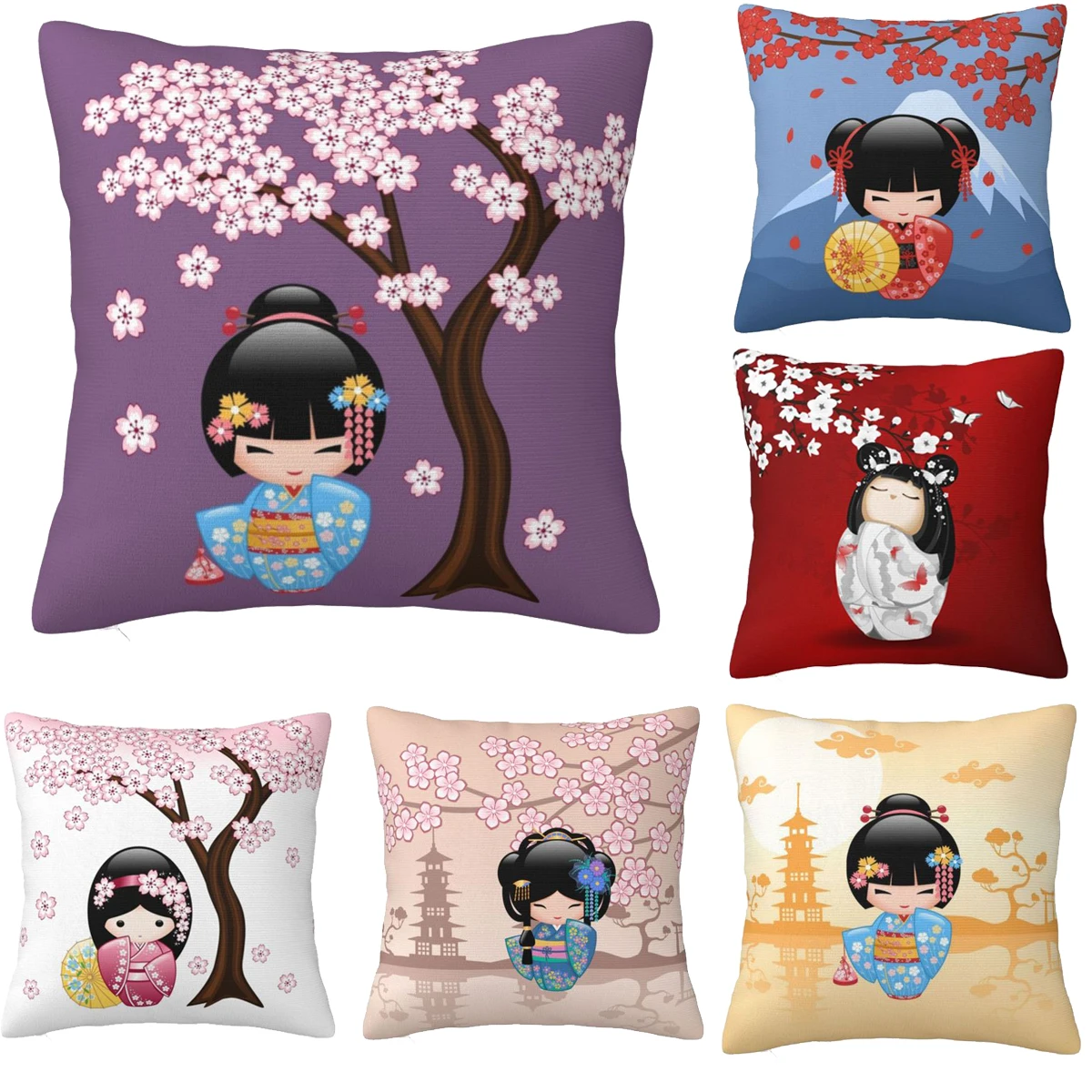 Decorative Pillow Cover Japanese Maiko Kokeshi Doll Merch Cute Kawaii Kimono Geisha Throw Pillowcases Multi-Size Drop Shipping