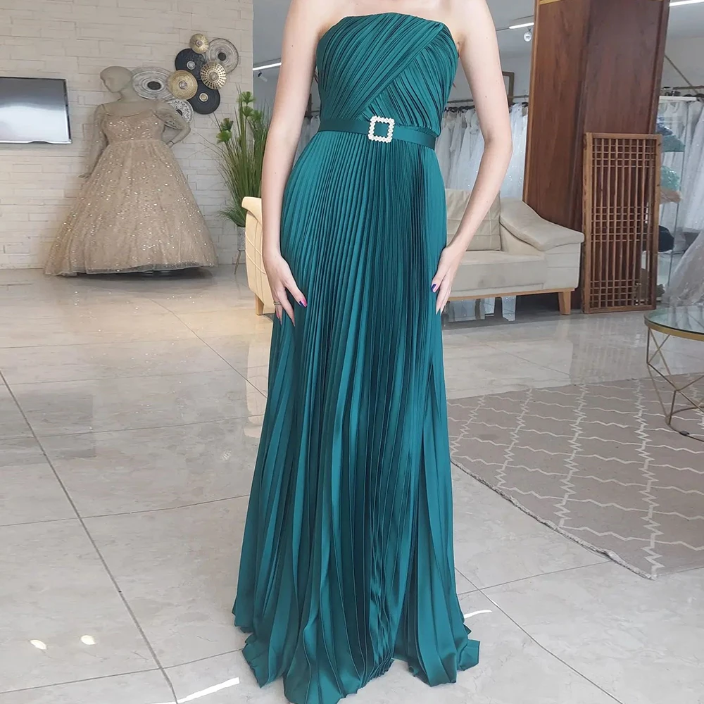 

Elegant Sashes pleats Sweep Train Evening Dress Modern Green Sleeveless Satin Strapless Floor Length Straight Custom Made 2024