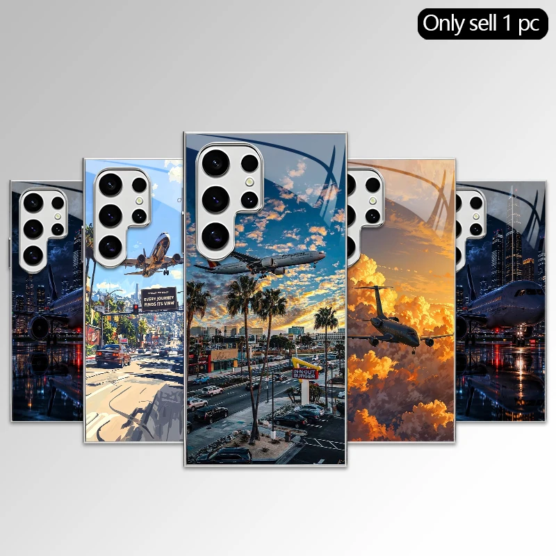 City Aircraft Pattern 2D Phone Case for Samsung S26 S25 S24 S23 S22 S21 S20 A56 A55 A36 Electroplated Glass Protective Cover