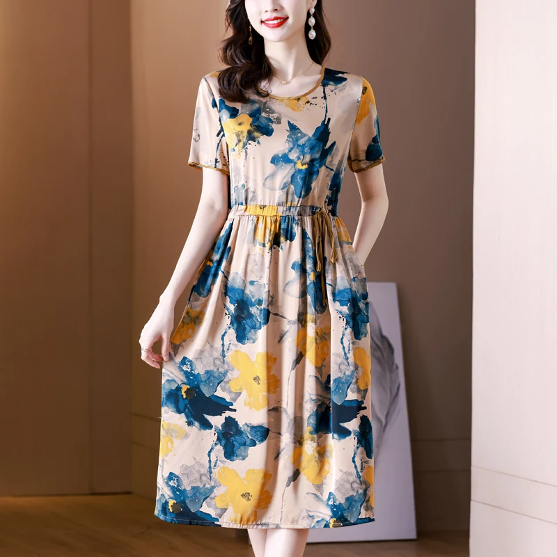 

Dresses for Women 2024 Spring Summer Silk Dress New Loose O-neck Thin Printed Midi Dress Korean Fashion Women Clothing Vestidos