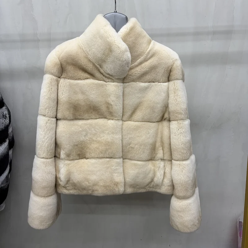 Women Real Rex Rabbit Fur Coat Stand Collar Short Jacket Chinchilla‑Look Pattern Horizontal Stripe Winter Warm Female Coat