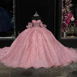 Pink Princess Quinceanera Dresses for Women Bow Sweetheart Glitter Mexican Tulle Vestido de 15 Quinceañeras Prom Gown Customized
