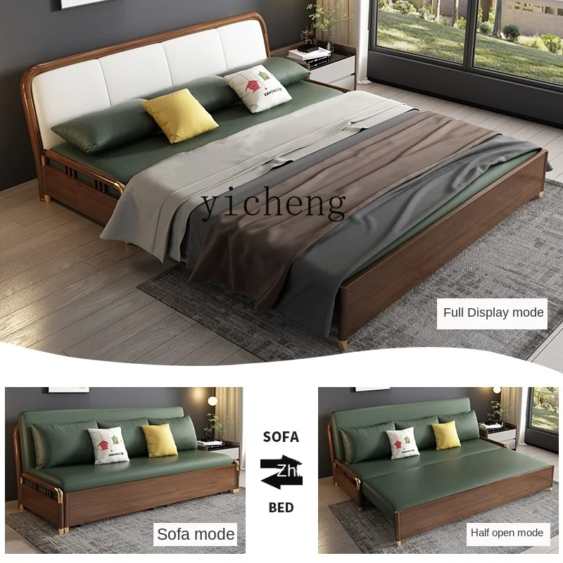 Zf Solid Wood Sofa Bed Faux Leather Living Room Single Double 1.5 M Multifunctional Foldable Storage