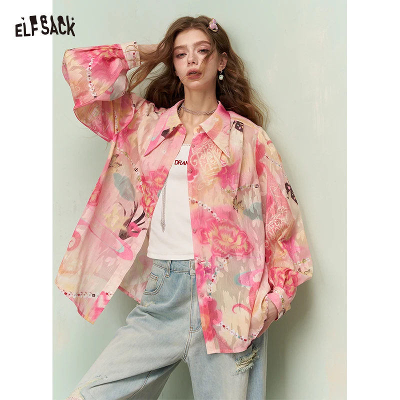 

Розовая женская блузка ELFSACK с цветочным принтом, свободный крой оверсайз, модный стиль, весенне-летняя мода