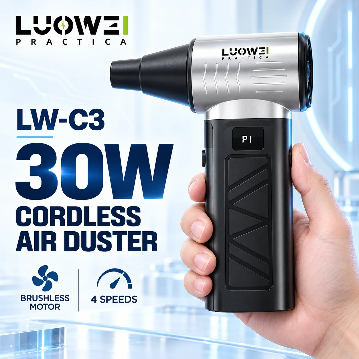 LUOWEI LW-C3 30W Cordless Air Duster Brushless Electric Blower 4 Speeds Type-C Rechargeable for Keyboard & Computer PCB Cleaning